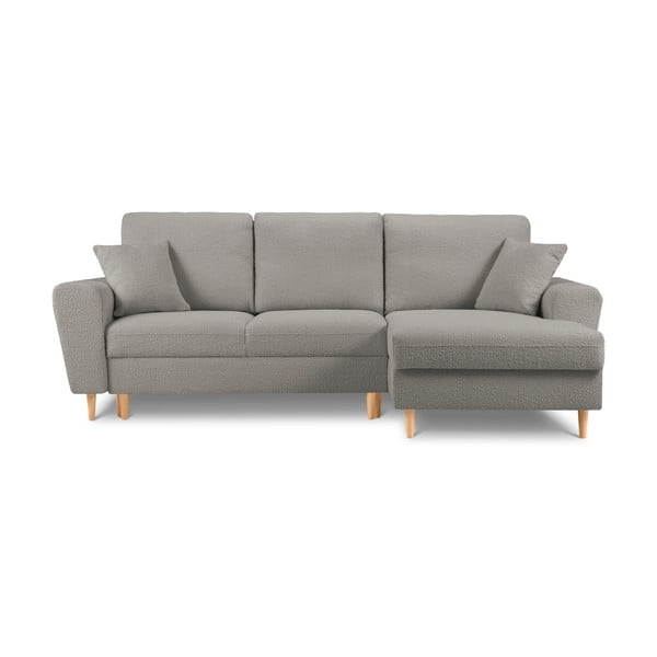 Divano angolare grigio chiaro allungabile e con contenitore (con penisola a destra/con chaise lounge) con rivestimento in bouclé Kyoto – Cosmopolitan Design