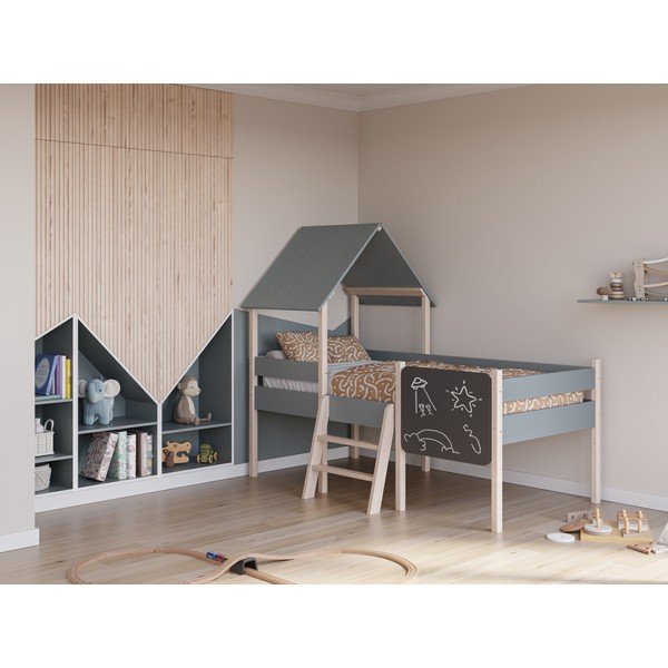 Letto da bambini a forma di casa/rialzato verde polveroso in pino massiccio con rete inclusa 90x190 cm Mint – Marckeric-image-1