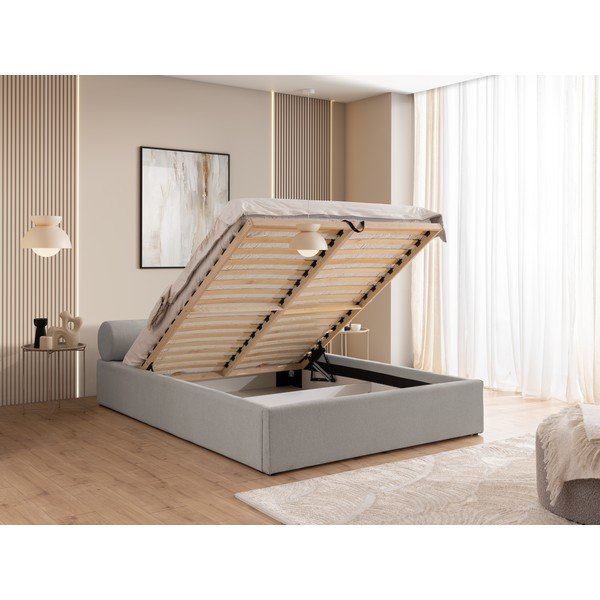 Letto matrimoniale imbottito grigio chiaro con contenitore con rete inclusa 160x200 cm Cille – Ropez-image-4