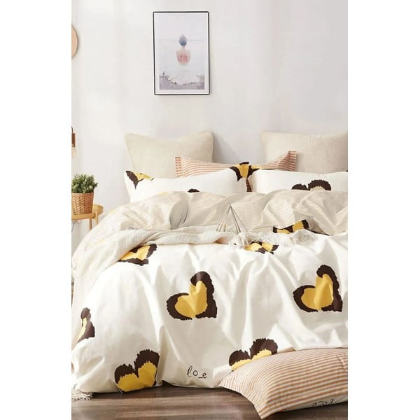 Biancheria da letto gialla in cotone renforcé per letto matrimoniale/per letto esteso con lenzuolo incluso/4 pezzi 200x220 cm Double Heart – Mila Home