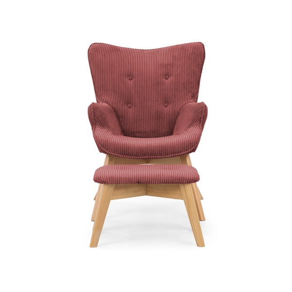 Poltrona con poggiapiedi rossa con rivestimento in velluto a coste Niko – Ropez-image-3