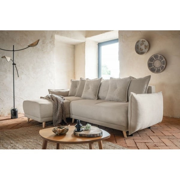 Divano letto angolare in velluto a coste beige (variabile) Lazy Lukka - Miuform-image-1