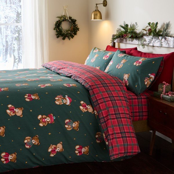 Set copripiumino e federa rosso/verde scuro per letto singolo 150x120 cm Christmas Tartan Teddy Bear – Catherine Lansfield