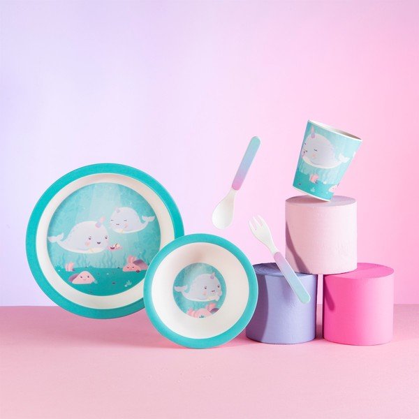 Set di 5 pezzi di stoviglie e posate Alma Narwhal per bambini - Sass & Belle-image-1