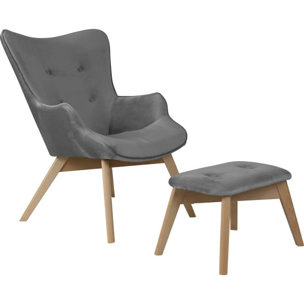 Poltrona con poggiapiedi grigia con rivestimento in velluto Niko – Ropez