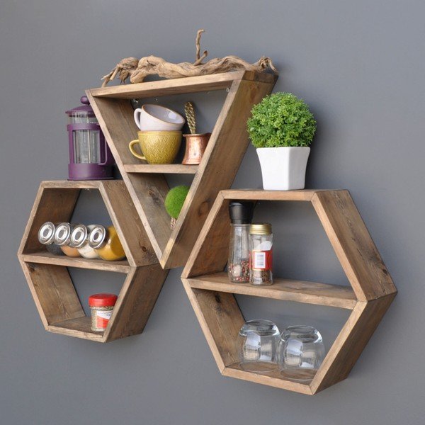 Set di 3 mensole da parete in legno Hexa - Evila Originals-image-1