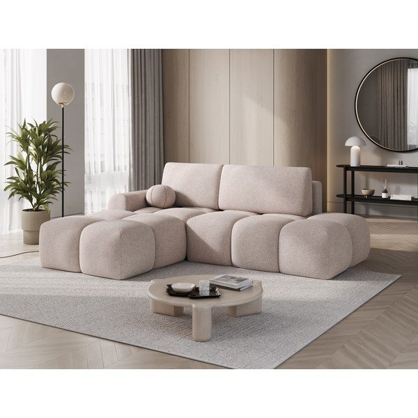 Divano angolare marrone chiaro allungabile/con contenitore (con penisola a sinistra/con chaise lounge) con rivestimento in bouclé Vittario – ELTAP-image-4