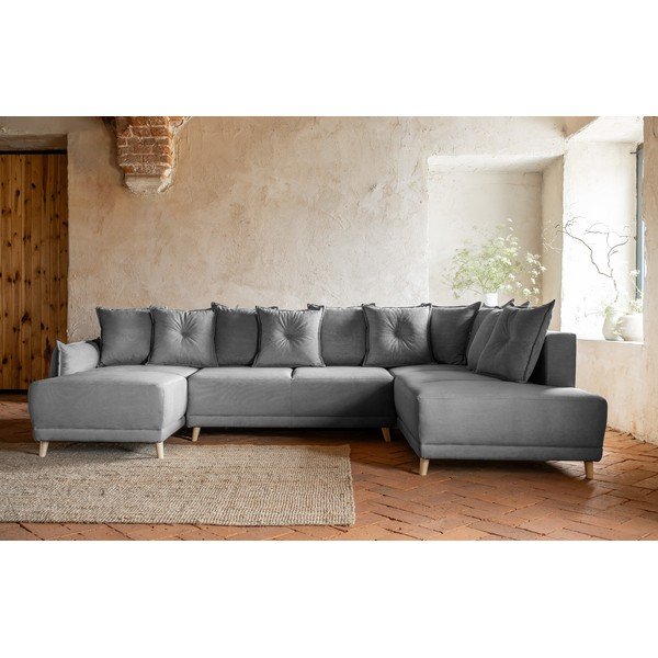 Divano letto angolare in velluto a coste grigio (angolo destro a forma di U) Lazy Lukka - Miuform-image-1