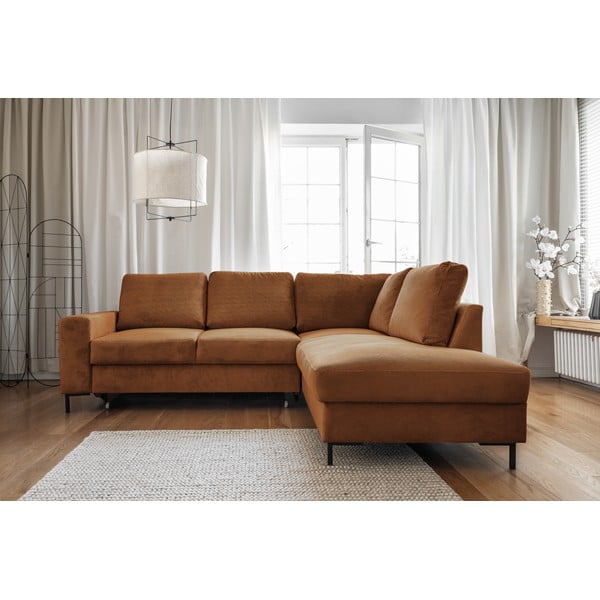 Divano letto in velluto a coste arancio-marrone (angolo destro) Lofty Lilly - Miuform-image-1