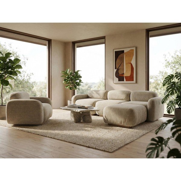 Divano angolare componibile beige con rivestimento in bouclé Ailani – Makamii-image-1