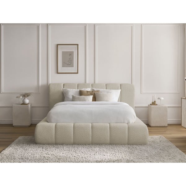 Letto matrimoniale imbottito beige contenitore e rete inclusi 140x190 cm Denali - Bobochic Paris-image-1