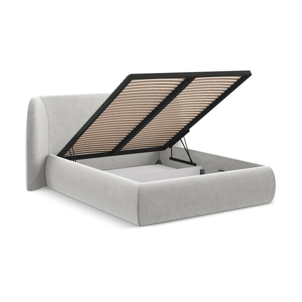 Letto matrimoniale imbottito grigio chiaro con contenitore con griglia 140x200 cm Hauke - Makamii-image-2