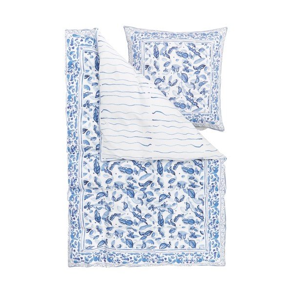 Biancheria da letto singola blu e bianca in cotone sateen , 155 x 220 cm Ryle - Westwing Collection