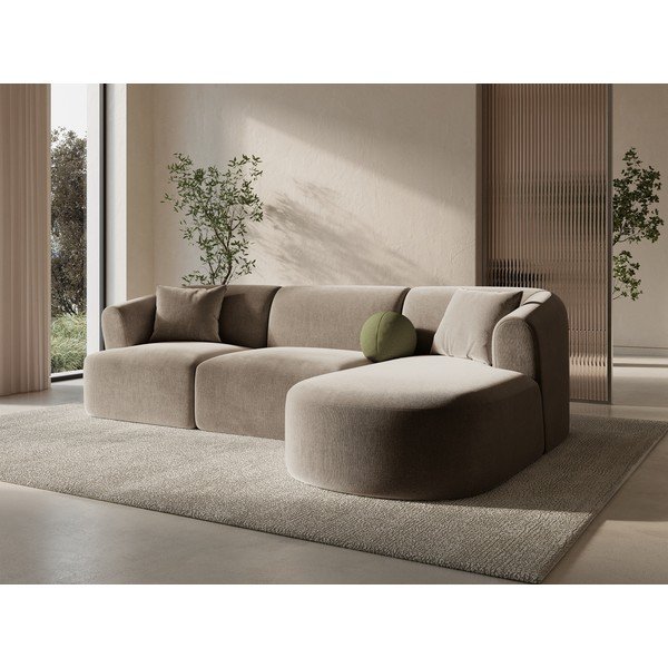 Divano angolare marrone chiaro (con penisola a destra/con chaise lounge) con rivestimento in velluto Campi – Cosmopolitan Design-image-1