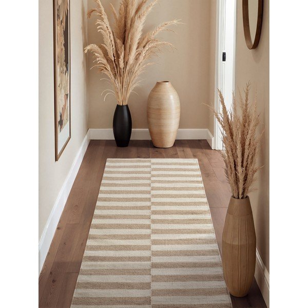 Passatoia bianca/marrone chiaro in lana reversibile/tessuta a mano 80x200 cm Vika – Hanse Home-image-1