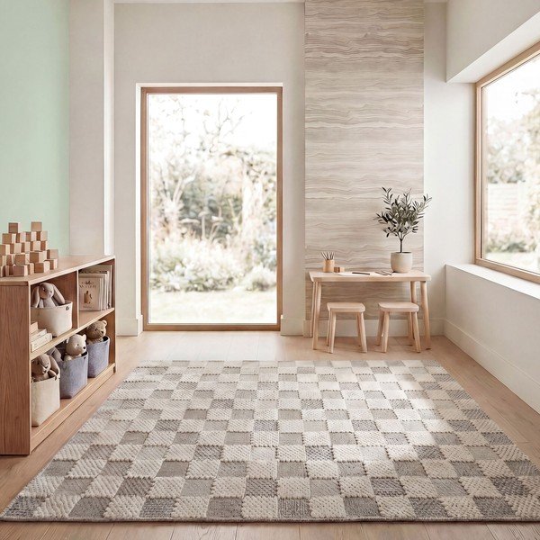 Tappeto verde in misto cotone lavabile 155x230 cm Muted Checkerboard – Flair Rugs-image-1