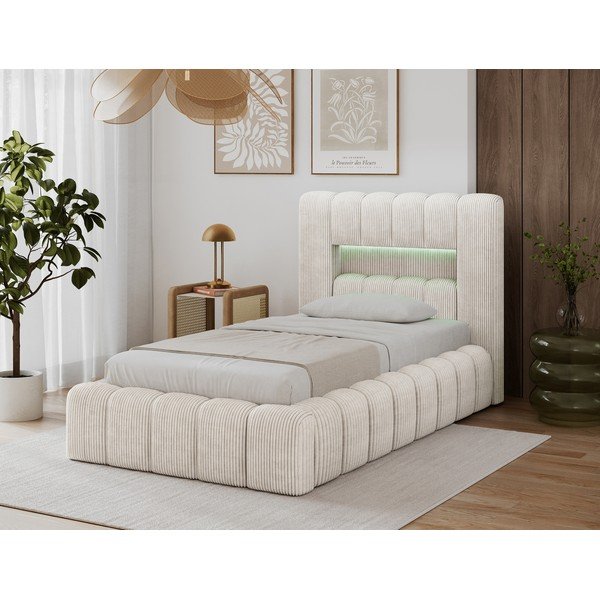 Letto singolo imbottito beige con contenitore con rete inclusa 90x200 cm Lamica – ELTAP-image-3