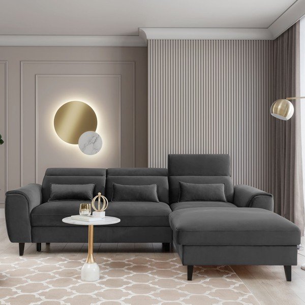 Divano angolare grigio scuro allungabile/con contenitore (con penisola a destra/con chaise lounge) e rivestimento in velluto Foble – ELTAP-image-1