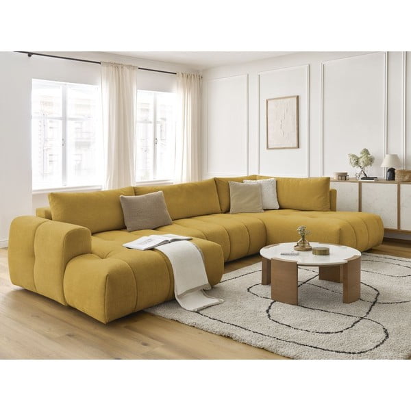 Divano angolare color senape allungabile e con contenitore (penisola a destra/a U) con rivestimento in ciniglia Fuji – Bobochic Paris-image-1