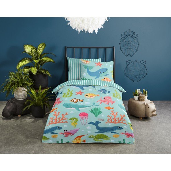 Set copripiumino e federa da bambini blu in cotone per letto singolo 140x200 cm Ocean – Good Morning-image-1