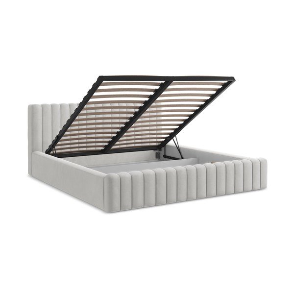 Letto matrimoniale imbottito argentato con contenitore con rete inclusa 160x200 cm Lemi – Makamii-image-3