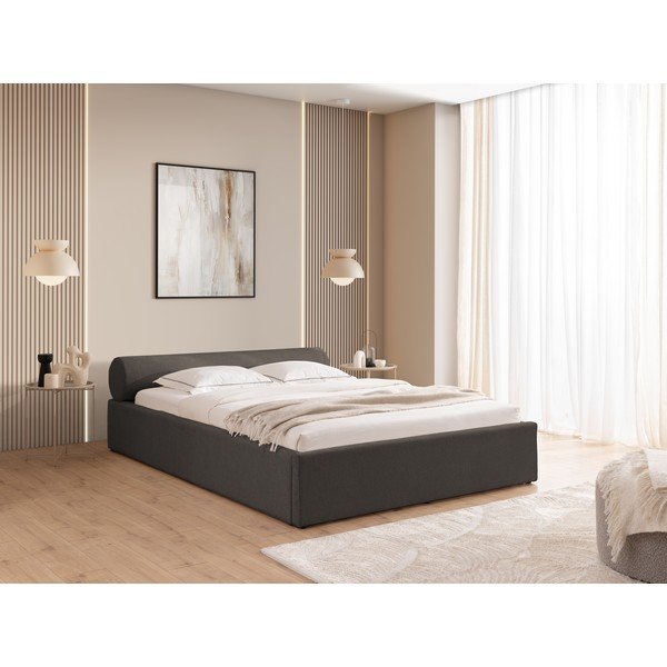 Letto matrimoniale imbottito grigio scuro con contenitore con rete inclusa 140x200 cm Cille – Ropez-image-1