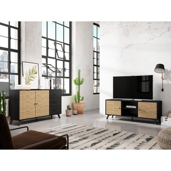 Cassettiera bassa nero/naturale 136x81 cm Hanoi - Marckeric-image-4