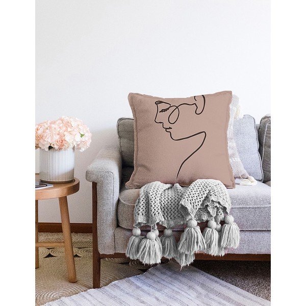 Federa beige con ritratto in misto cotone, 55 x 55 cm - Minimalist Cushion Covers-image-2