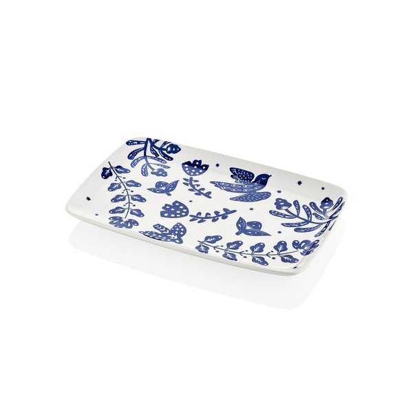 Piatto da portata in porcellana bianca e blu Bloom, 34 x 25 cm - Mia