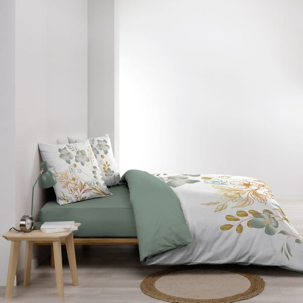Set copripiumino e federa bianco/verde in cotone per letto matrimoniale ed esteso 240x220 cm Lolita – douceur d'intérieur-image-1