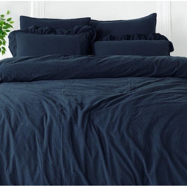 Set copripiumino e federa blu scuro in cotone renforcé per letto singolo 140x200 cm Ruffle Striped – Mila Home Luxury-image-2