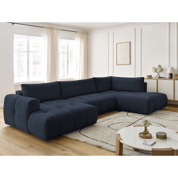 Divano angolare blu scuro allungabile e con contenitore (penisola a destra/a U) con rivestimento in ciniglia Fuji – Bobochic Paris-image-1