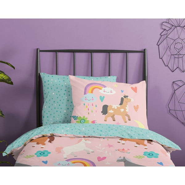 Set copripiumino e federa da bambini rosa/turchese in cotone per letto singolo ed esteso 140x220 cm Horses – Good Morning-image-2