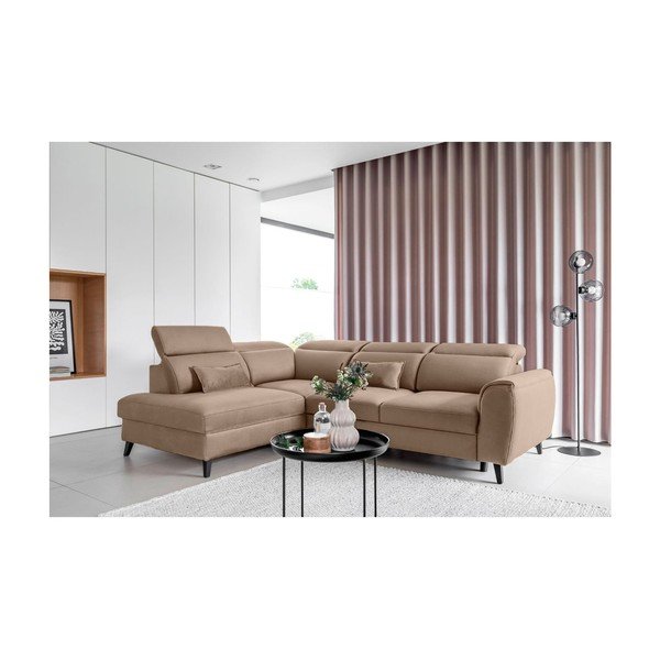 Divano angolare marrone chiaro allungabile/con contenitore (con penisola a destra/a L) e rivestimento in velluto Noble – ELTAP-image-1