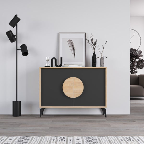 Cassettiera bassa in rovere decorato in nero-naturale 110x82 cm Vae - Marckeric-image-2