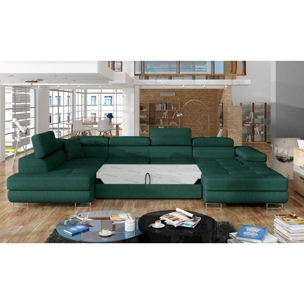 Divano angolare verde allungabile/con contenitore (con penisola a sinistra/a U) e rivestimento in velluto Rodrigo – ELTAP-image-2