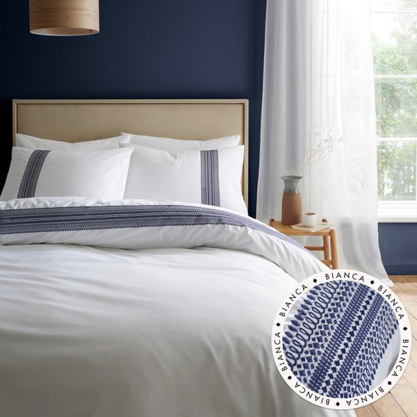 Biancheria da letto singola in cotone blu e bianco 135x200 cm Remy Embroidery - Bianca