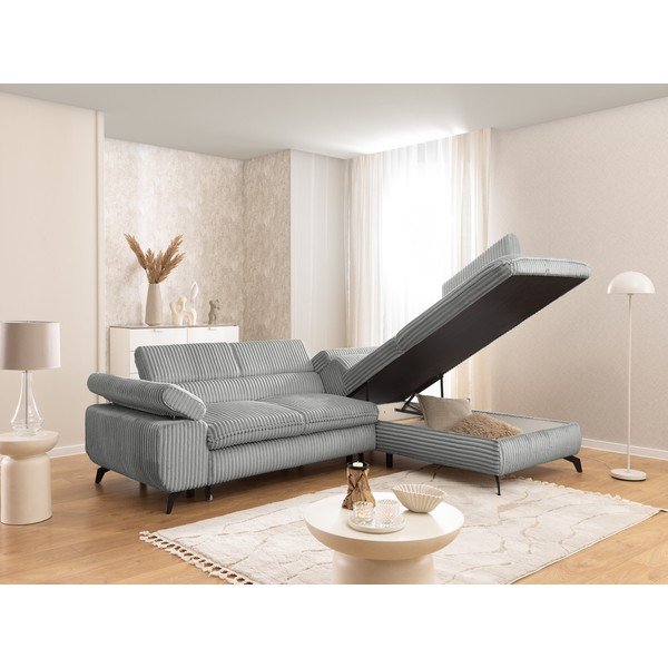 Divano angolare grigio chiaro (con penisola a destra/a L) con rivestimento in velluto a coste Marbeya  – Ropez-image-4