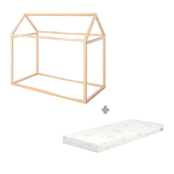 Letto da bambini a forma di casa di colore naturale in bambù con materasso incluso e rete non inclusa 70x140 cm House Bed – Roba