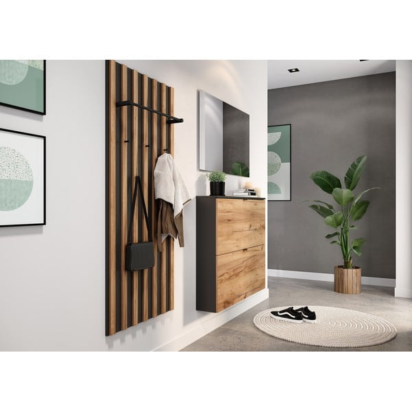 Scarpiera color antracite/di colore naturale con effetto rovere con ante ribaltabili/da parete 100x85x19 cm Renell – Germania-image-1