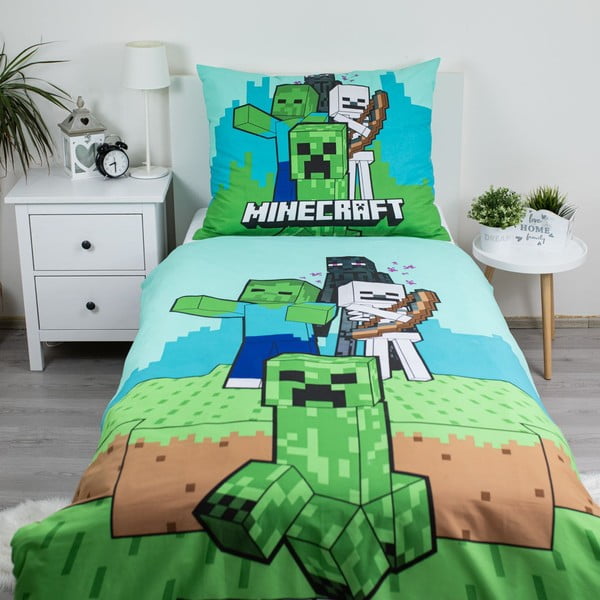 Set copripiumino e federa da bambini verde/blu in cotone per letto singolo 140x200 cm Minecraft "Mobs Here" – Jerry Fabrics-image-1