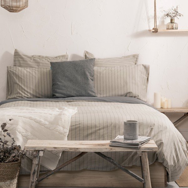 Copripiumino in cotone grigio e beige per letto matrimoniale 200x200 cm Oxford - Happy Friday-image-1