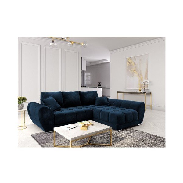 Divano letto angolare blu royal con rivestimento in velluto, angolo destro Nuage - Windsor & Co Sofas-image-1