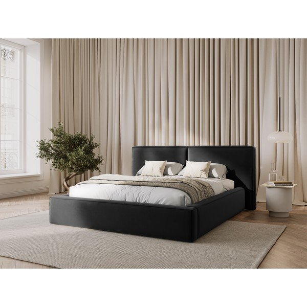 Letto matrimoniale imbottito in grigio scuro in velluto con contenitore con rete inclusa 200x200 cm Arendal – Cosmopolitan Design-image-1