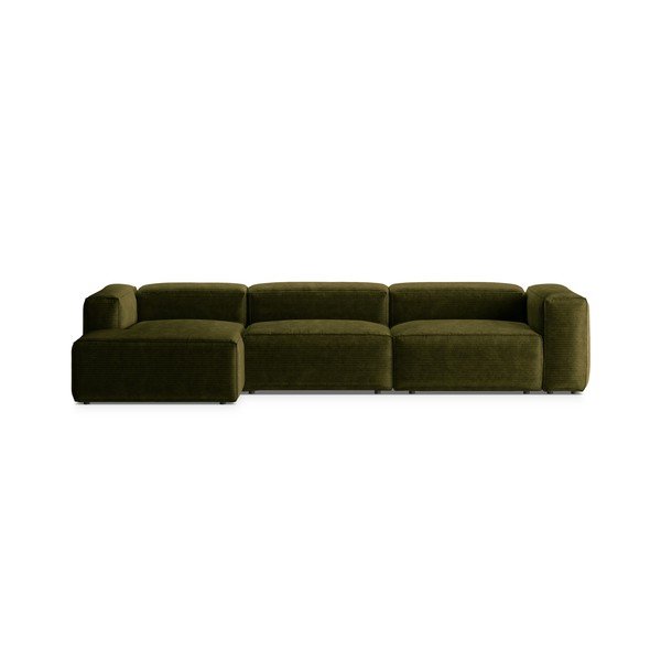Divano angolare verde (con penisola a sinistra/con chaise lounge) con rivestimento in velluto a coste Bergamo – Cosmopolitan Design