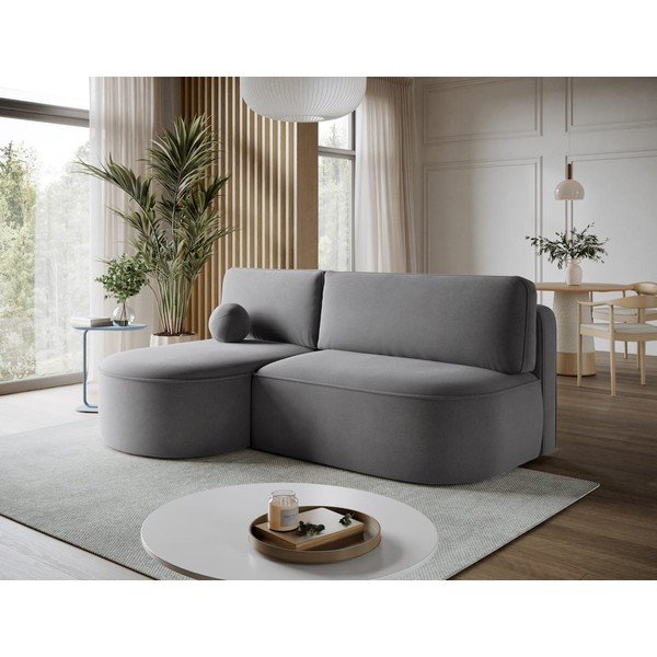 Divano angolare grigio allungabile/con contenitore (con penisola a sinistra/con chaise lounge) con rivestimento in velluto Livosa – ELTAP-image-4