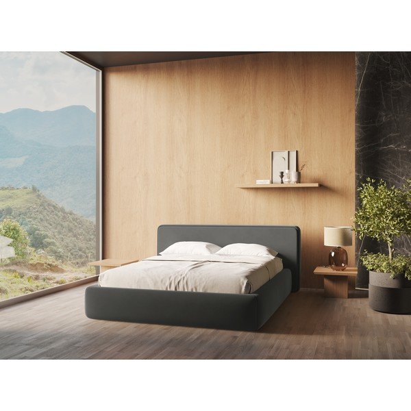 Letto matrimoniale imbottito grigio scuro con contenitore con griglia 160x200 cm Kiana - Makamii-image-1