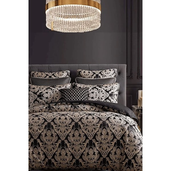 Set copripiumino e federa nero in cotone renforcé per letto matrimoniale/per letto esteso con lenzuolo incluso/4 pezzi 200x220 cm Damask – Mila Home-image-3