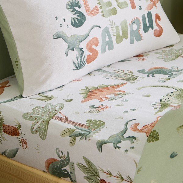Lenzuolo con angoli per bambini color crema in flanella per letto singolo 90x190 cm Brushed Sleepy Saurus Dino – Catherine Lansfield