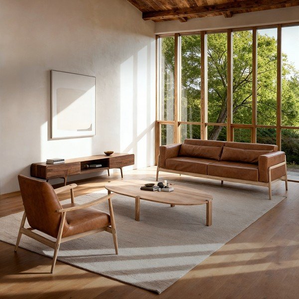 Divano in pelle di bufalo marrone cognac con struttura in rovere massiccio , 240 cm Fawn - Gazzda-image-1